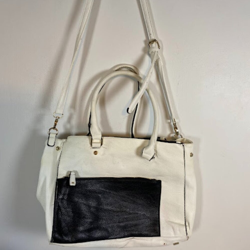 Two-Tone Women's White Black Leather Satchel Tote Bag Large - Picture 2 of 11